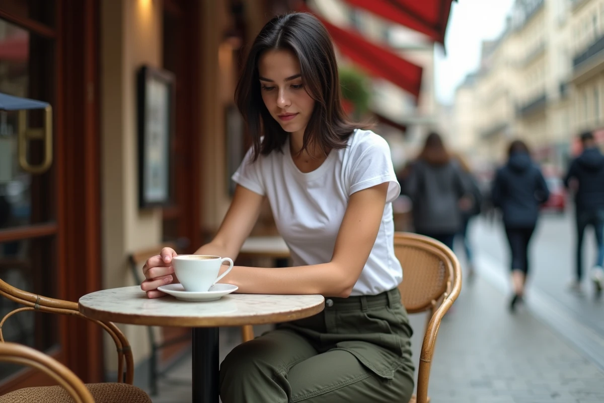 Julia Frenchie Shore attablée en terrasse de café parisien dans une ambiance décontractée et authentique