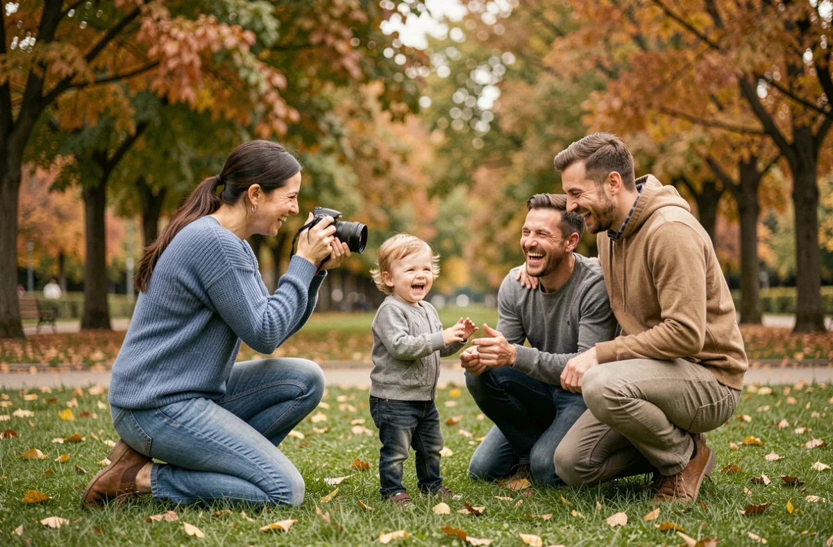 Julie Rivière, photographe famille et lifestyle à Paris, photographiant une famille avec un enfant dans un jardin parisien en automne