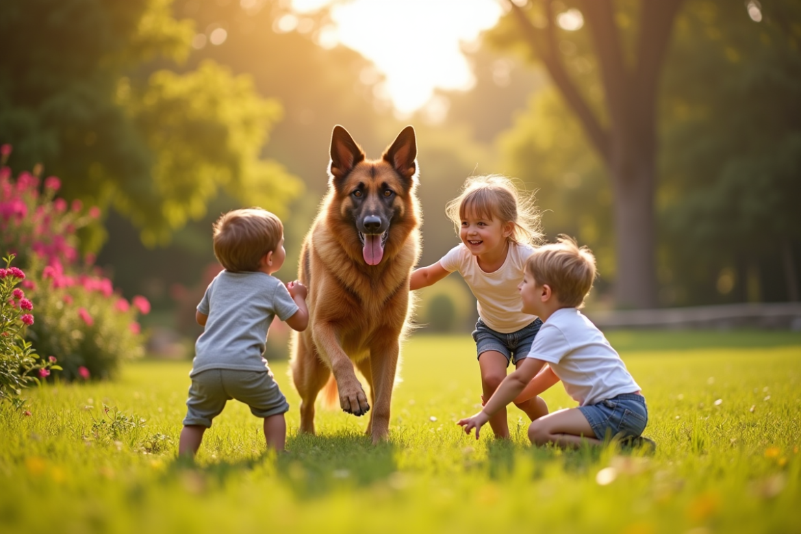 Chien Laekenois belge jouant avec des enfants dans un jardin ensoleille