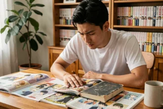 Jeune homme lisant des scanlations de manga One Punch Man à son bureau en bois entouré de volumes manga