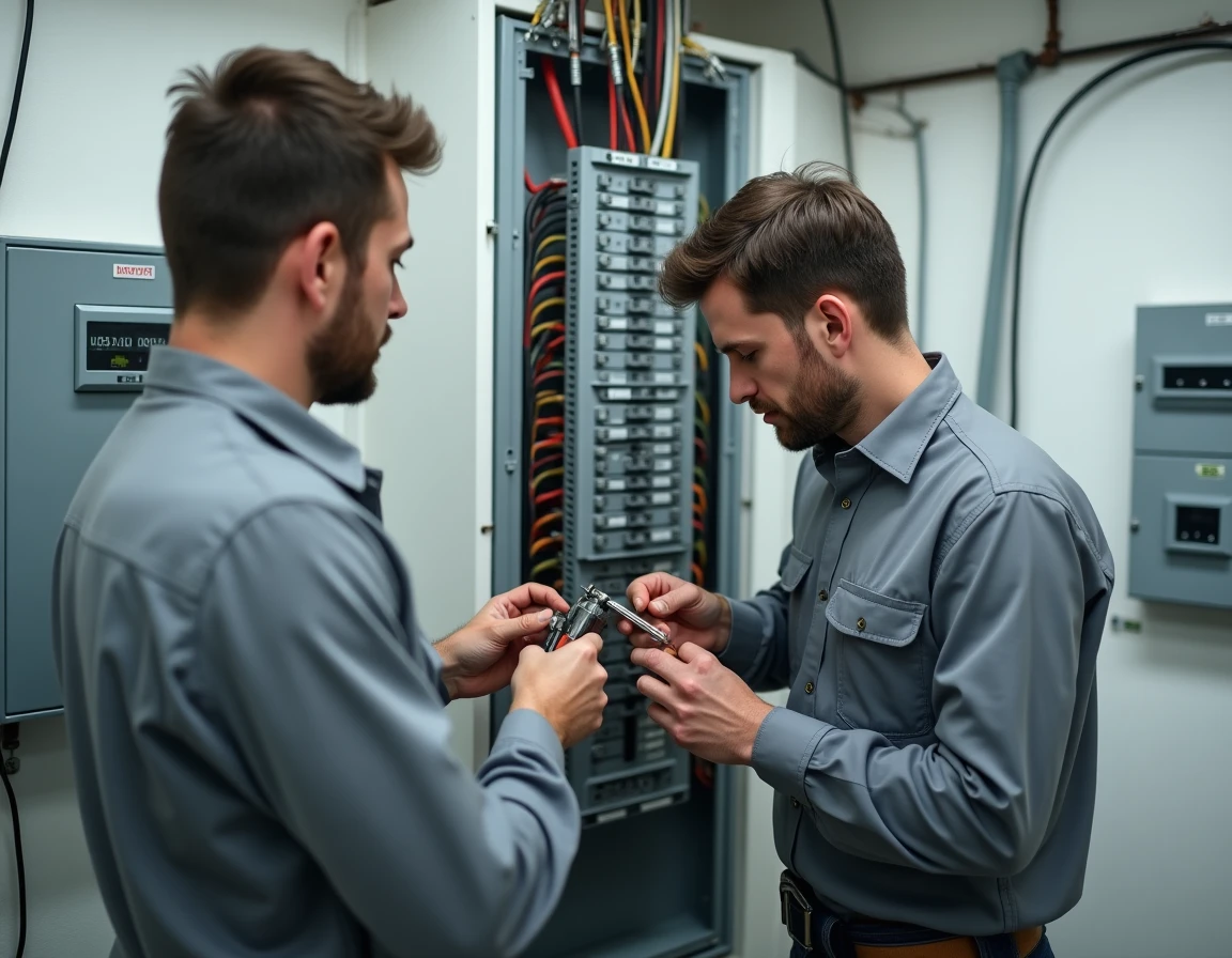 Deux artisans de Les Bons Artisans installant un tableau de distribution électrique dans une pièce technique
