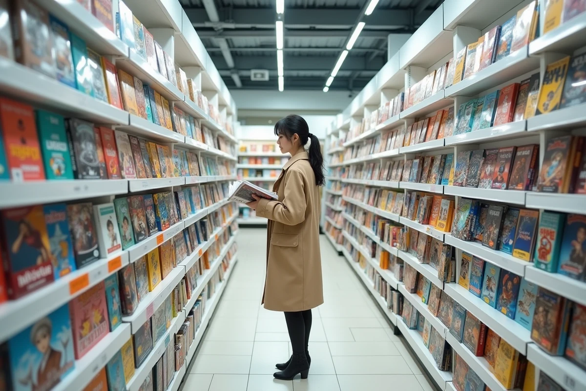 Librairie japonaise moderne avec des rayons de manhwa et de manga fantasy en exposition