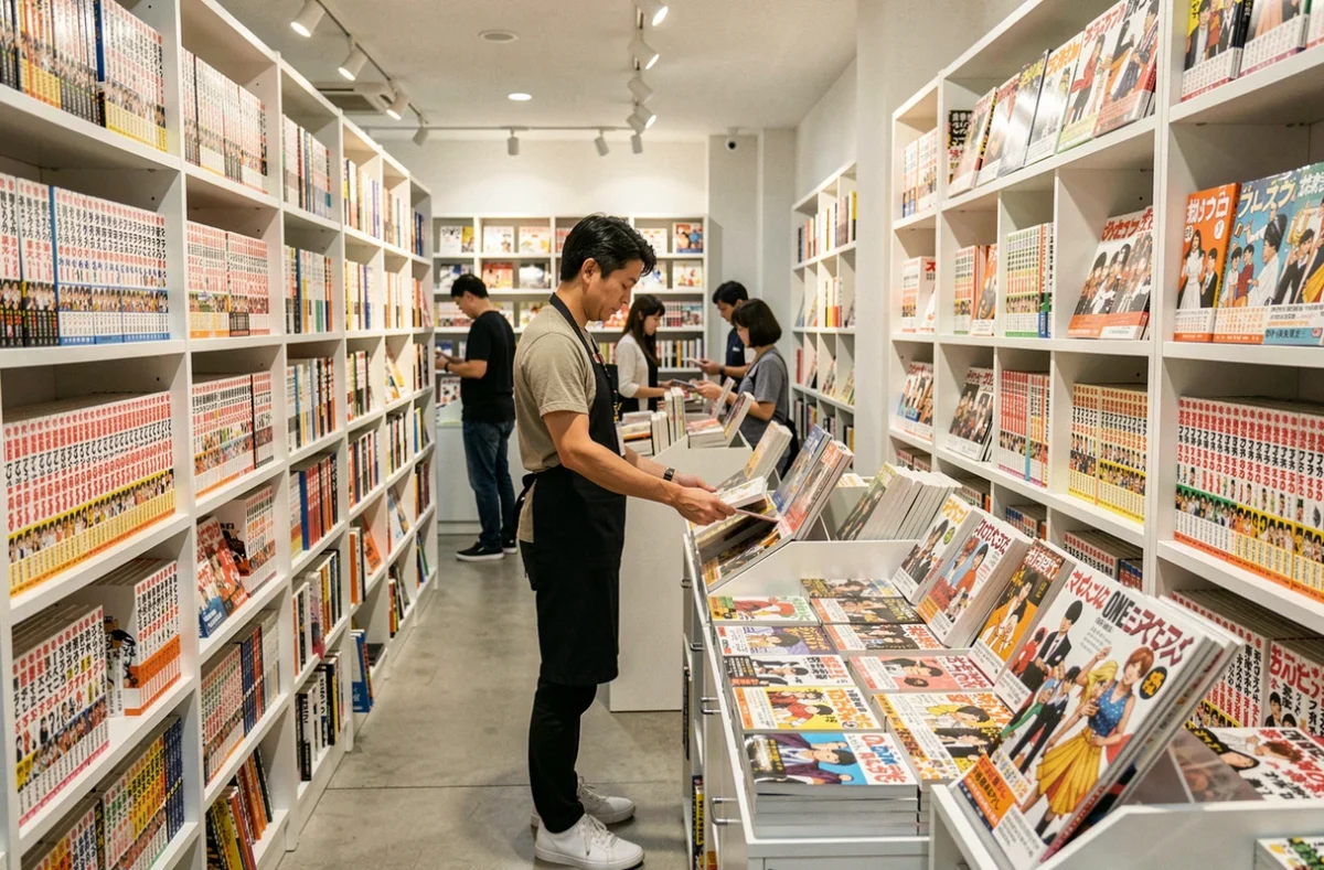 Libraire arrangeant des volumes One Piece dans une librairie manga spécialisée