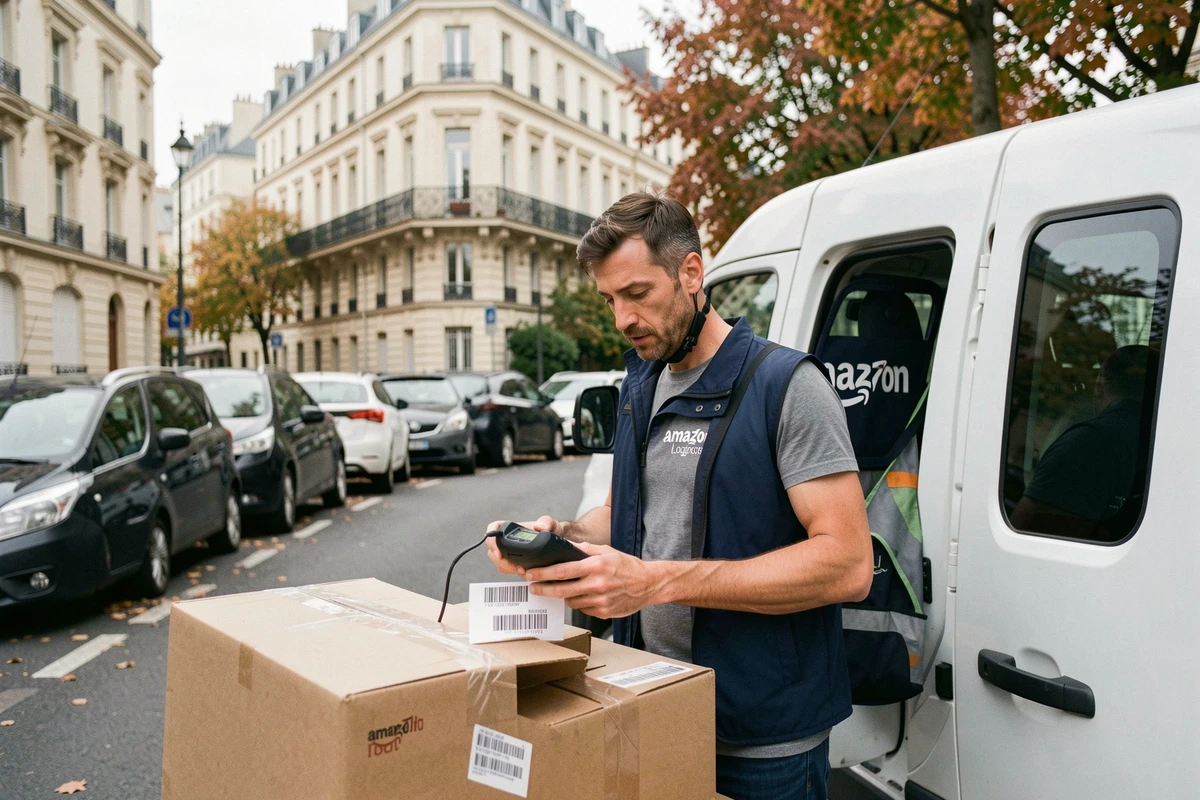 Livreur Amazon scannant un colis devant son camion de livraison dans une rue résidentielle française