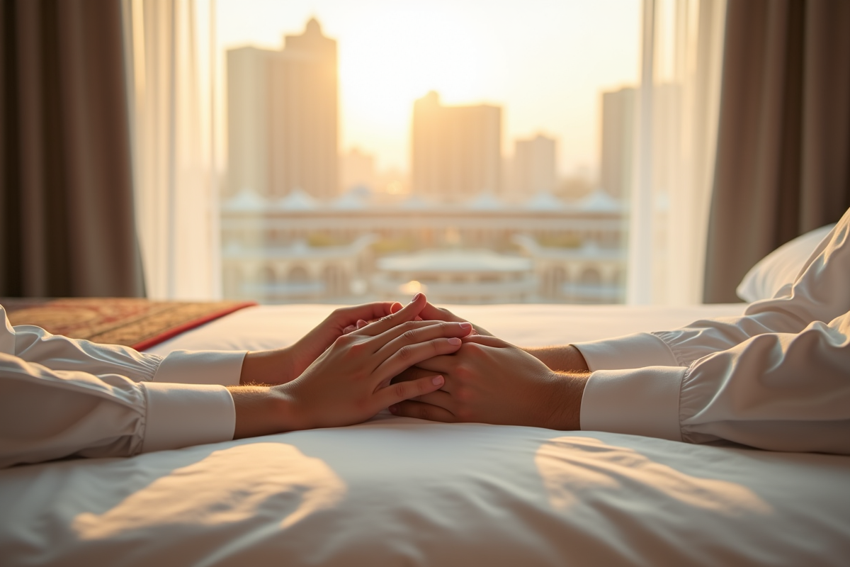 Mains entrelacees sur linge blanc avec tapis de priere a Mecca