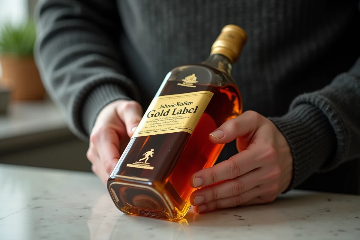 Mains tenant une bouteille de Johnnie Walker Gold Label Reserve, étiquette et logo striding man en gros plan