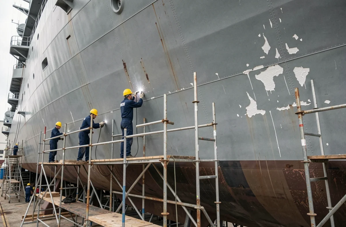 Équipe de maintenance de la Marine nationale travaillant sur la coque d'une frégate en cale sèche à Toulon