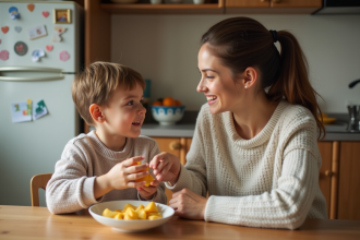 Maman et son enfant discutent à la cuisine chaleureuse