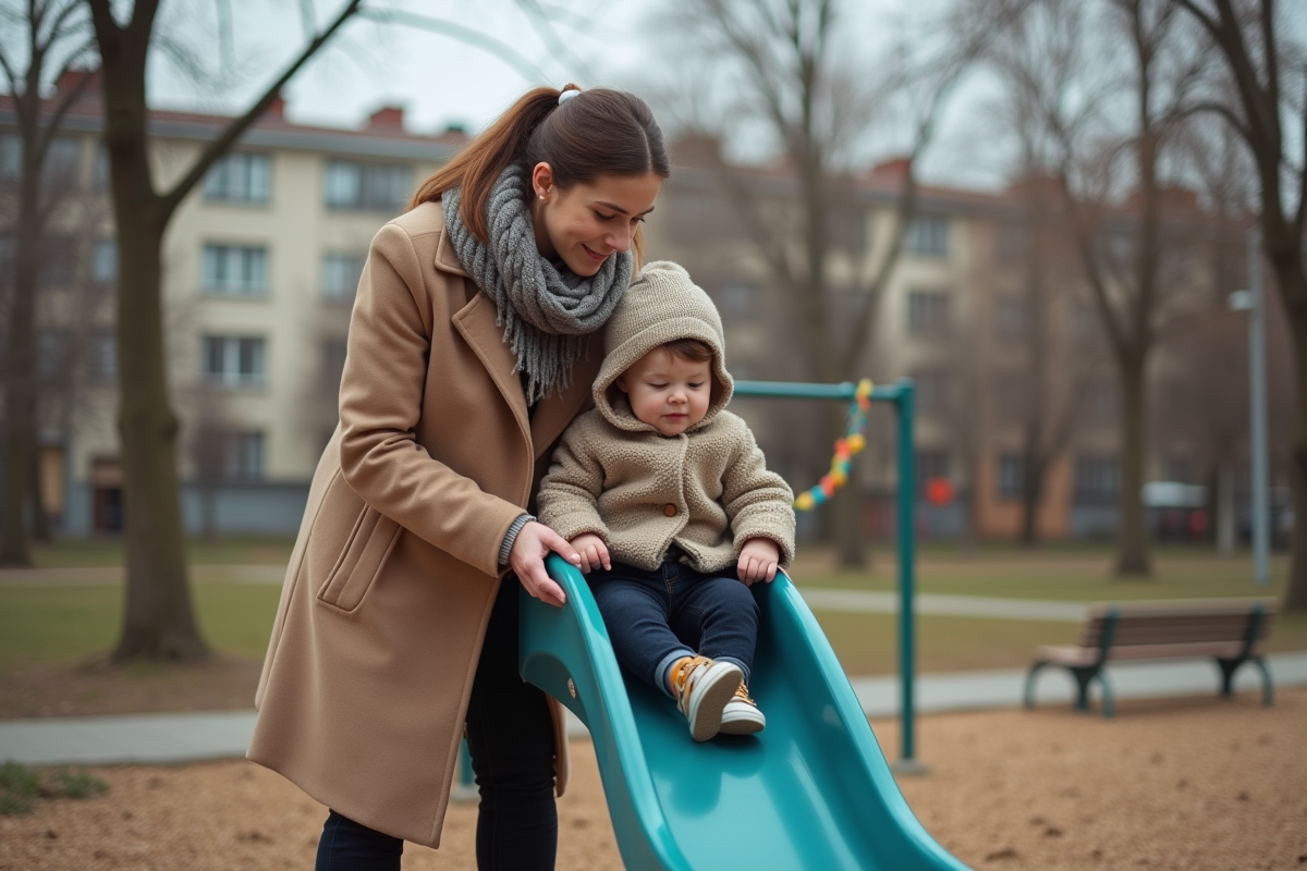 Maman aidant son enfant sur une glissiere de parc