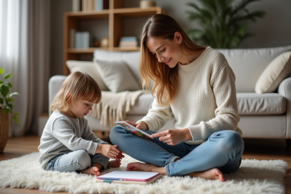Femme et fille dessinant dans un salon chaleureux