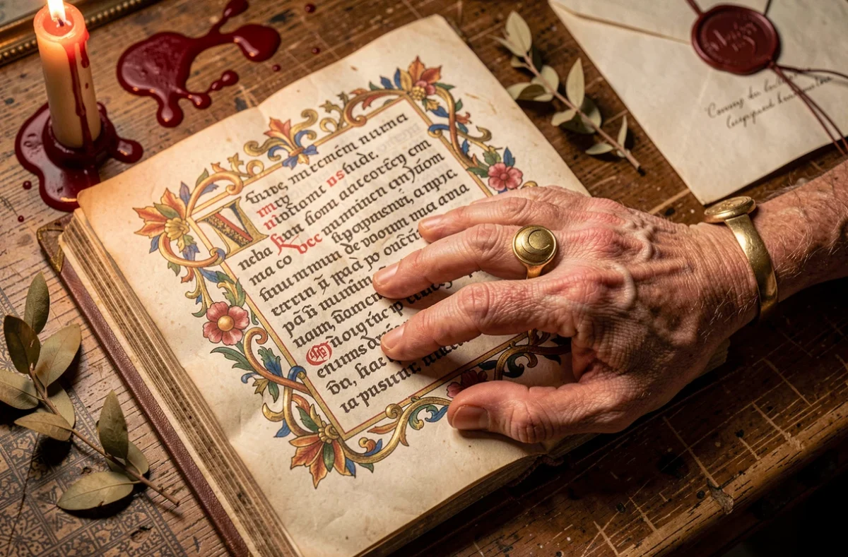 Main portant un anneau en or posée sur un manuscrit enluminé du XVIe siècle avec un sceau en cire, symbolisant le pacte amoureux et politique entre Diane de Poitiers et Henri II