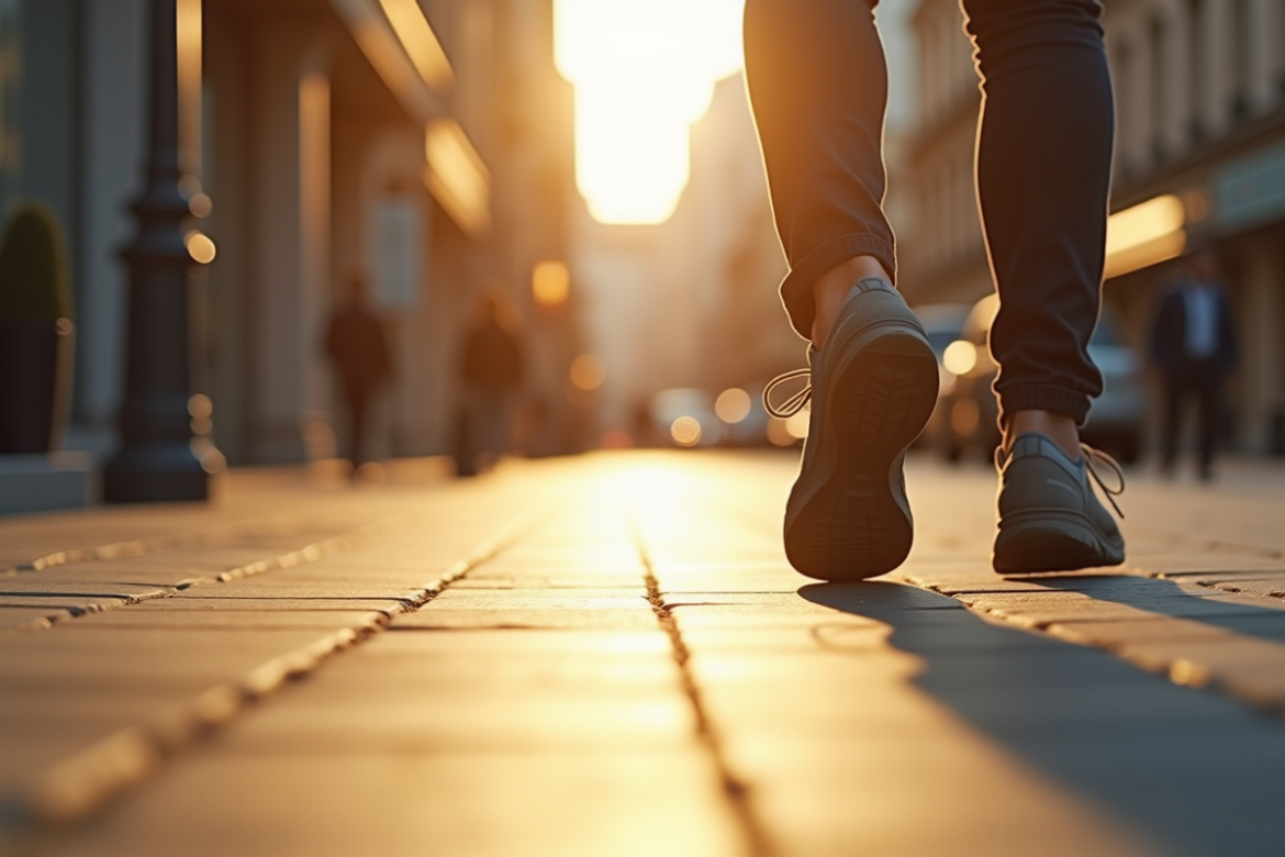 Personne marchant dans la ville avec focus sur les chaussures