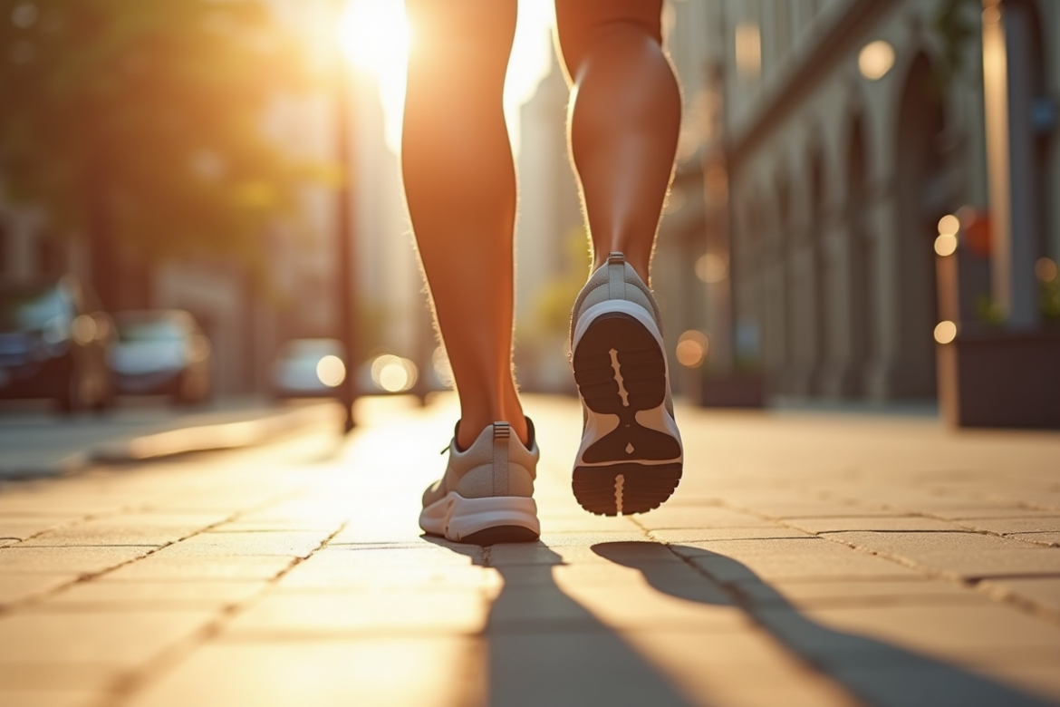 Jambes en sneakers marchant sur le trottoir en ville
