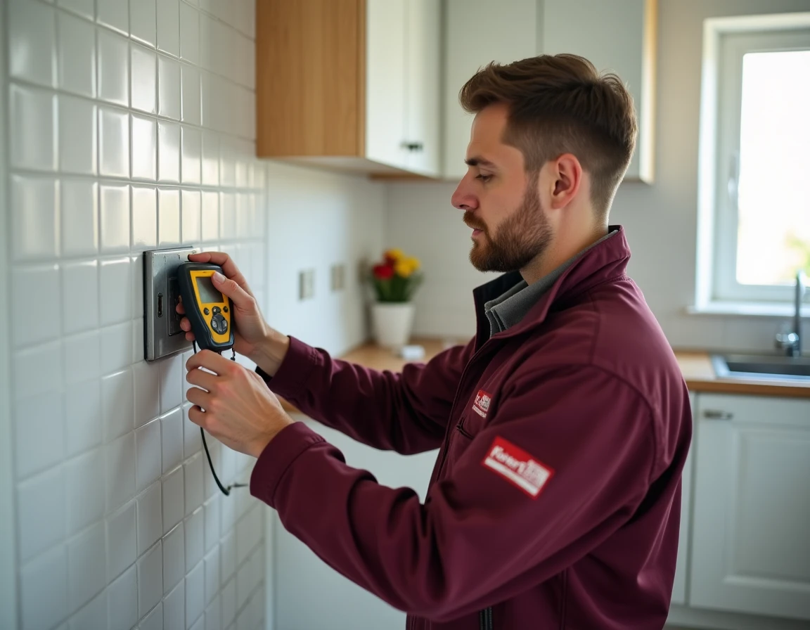 Technicien de M.Bât Rénov testant un boîtier électrique dans une cuisine rénovée