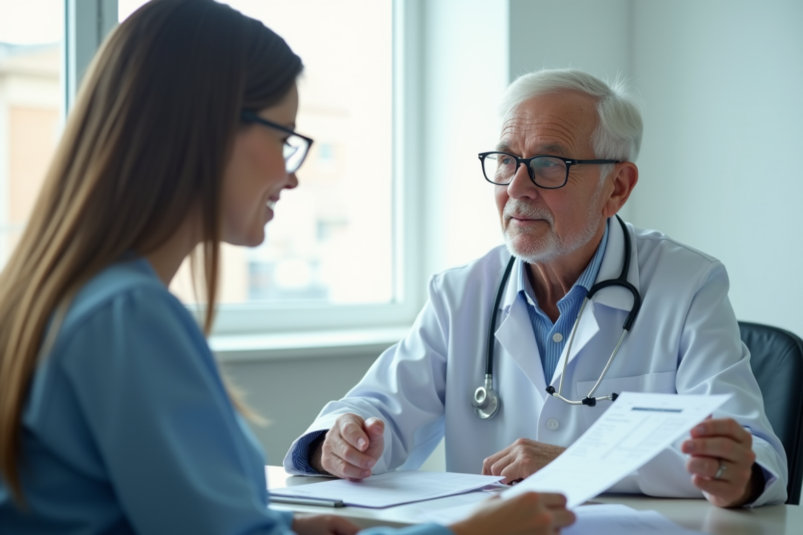 Médecin et femme âgée dans une clinique lumineuse