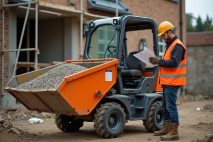 Mini dumper orange sur un chantier résidentiel avec un ouvrier consultant la capacité de charge maximale de la benne
