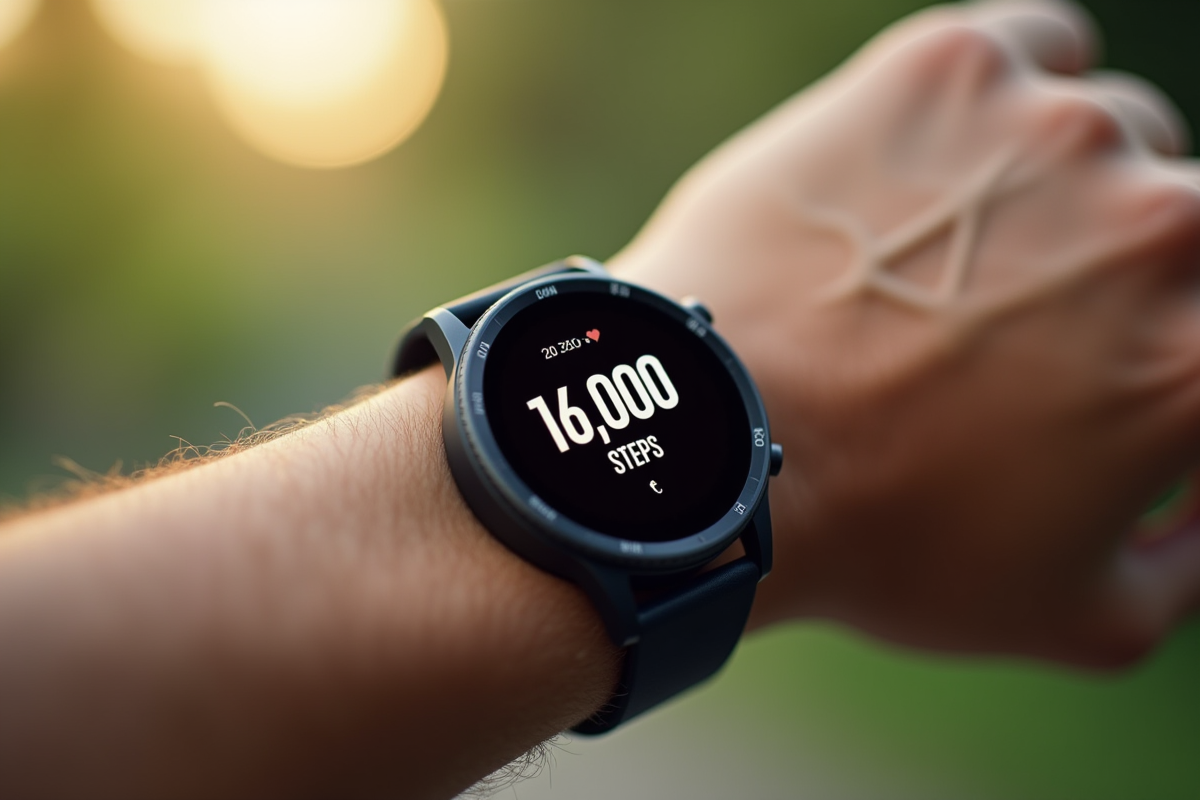 Montre connectée affichant 16000 pas au poignet