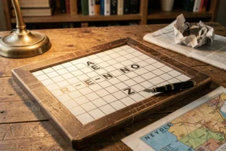 Grille de mots croisés avec la ville de Reno Nevada en 4 lettres posée sur une table en bois avec un stylo plume et une carte du Nevada