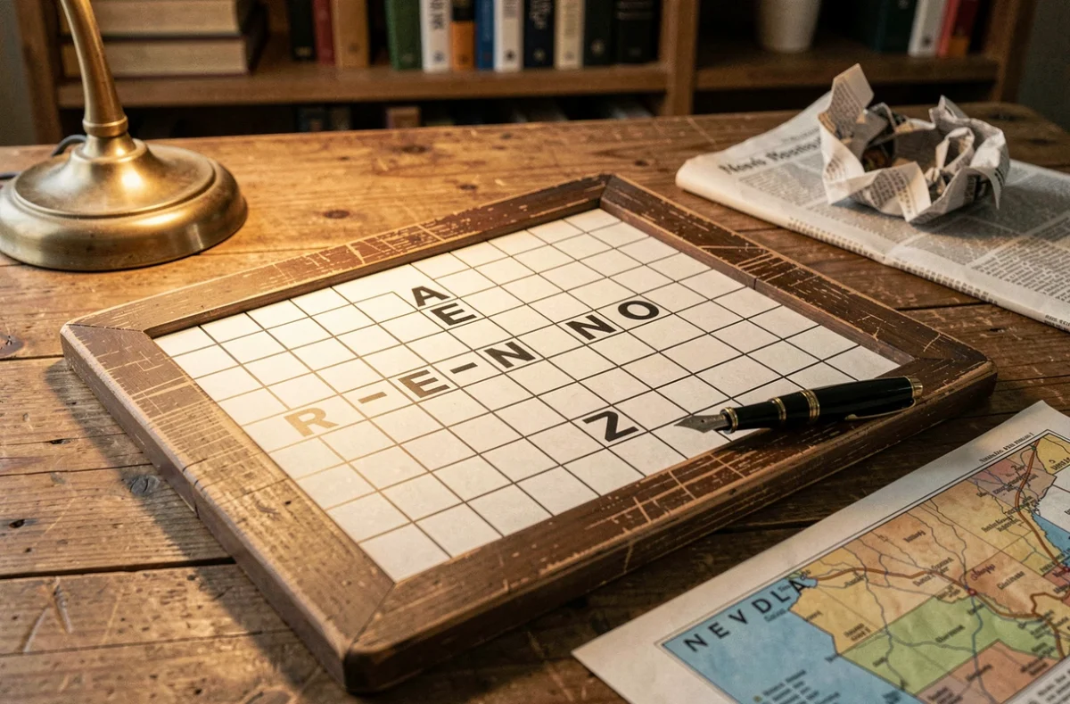 Grille de mots croisés avec la ville de Reno Nevada en 4 lettres posée sur une table en bois avec un stylo plume et une carte du Nevada