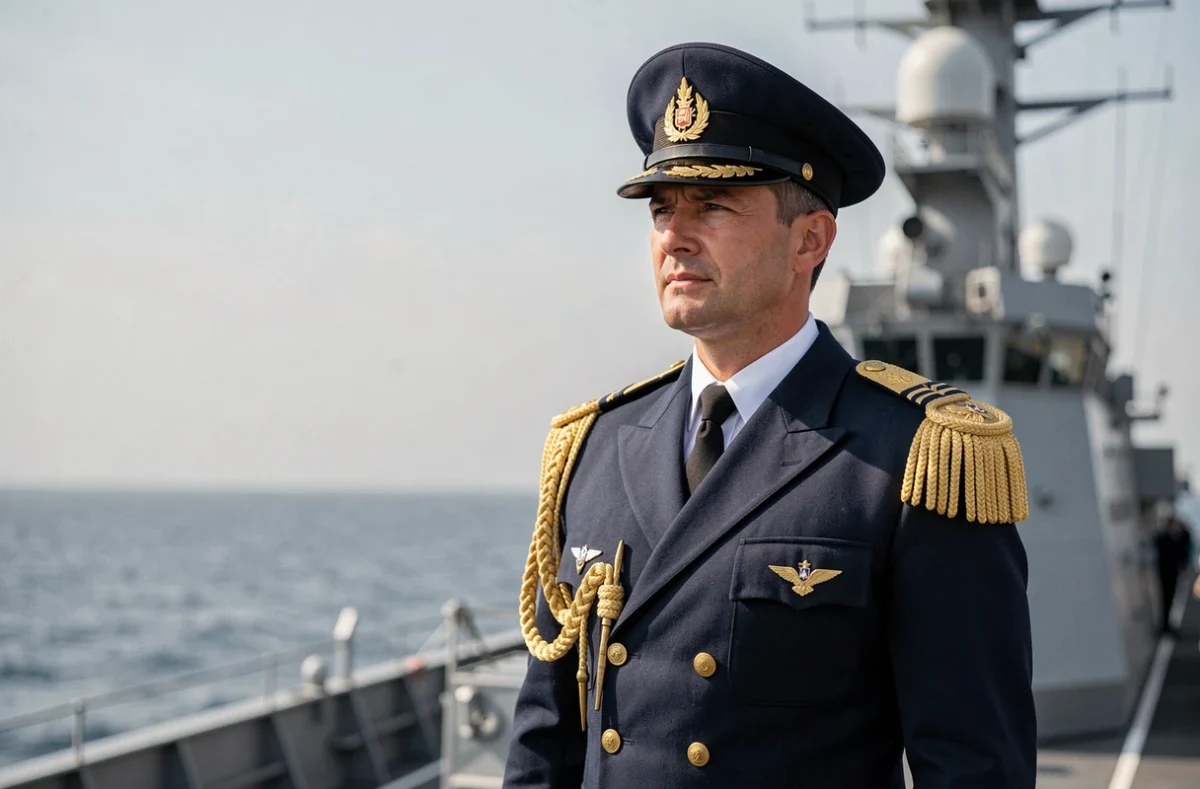 Officier de la Marine nationale française en uniforme sur le pont d'un navire de guerre à la base de Toulon
