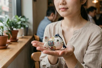 Omamori japonais traditionnel tenu dans la main d'une femme portant un haut en lin beige dans un café urbain