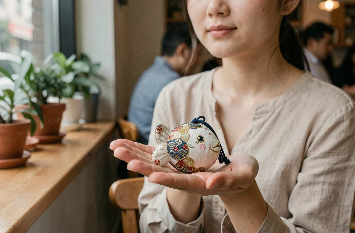 Omamori japonais traditionnel tenu dans la main d'une femme portant un haut en lin beige dans un café urbain