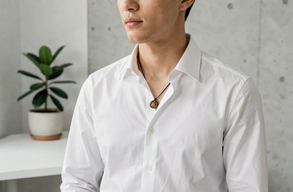 Homme portant un omamori en pendentif discret autour du cou dans un bureau minimaliste à domicile