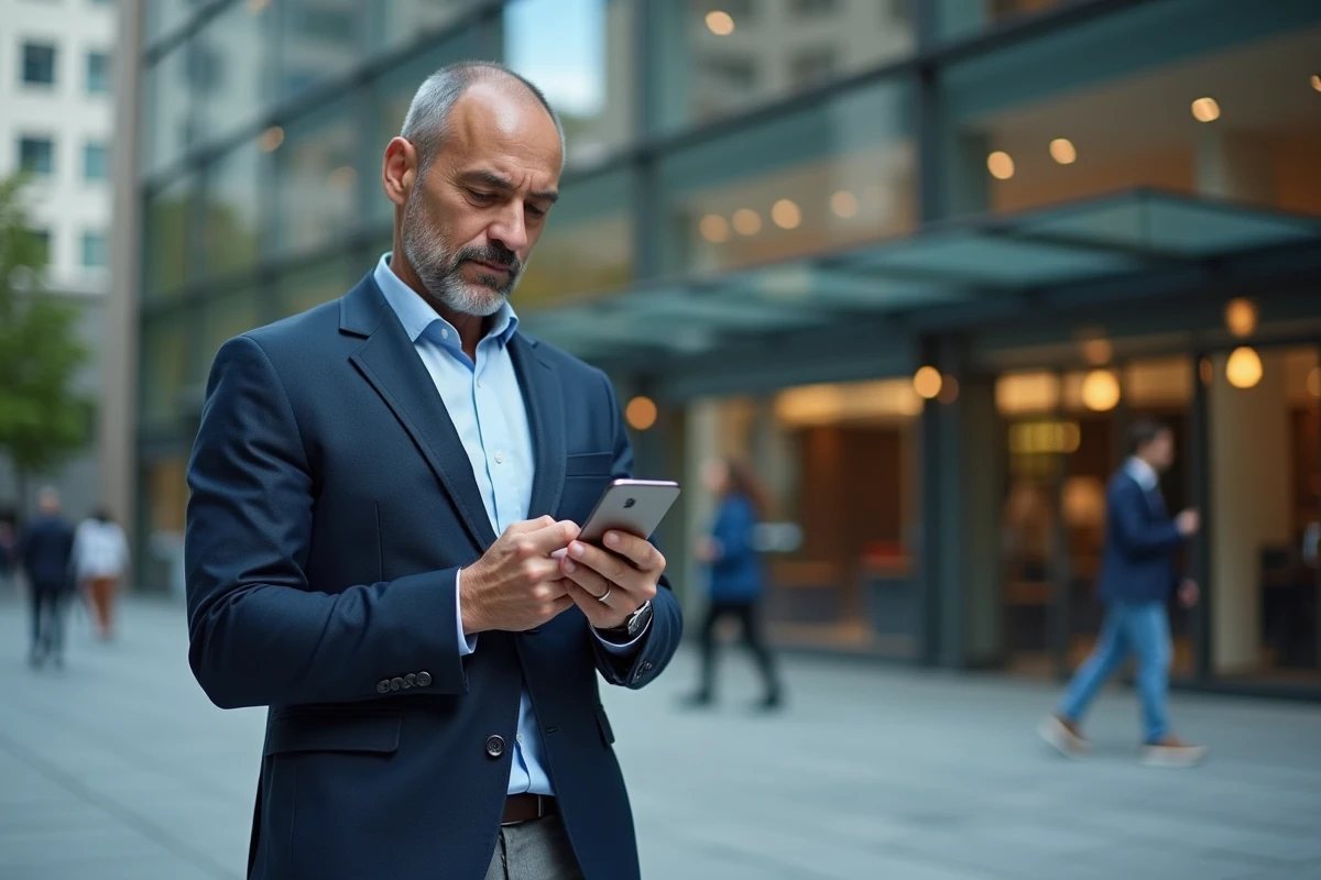 Professionnel consultant ses annonces mobiles devant un immeuble de bureaux