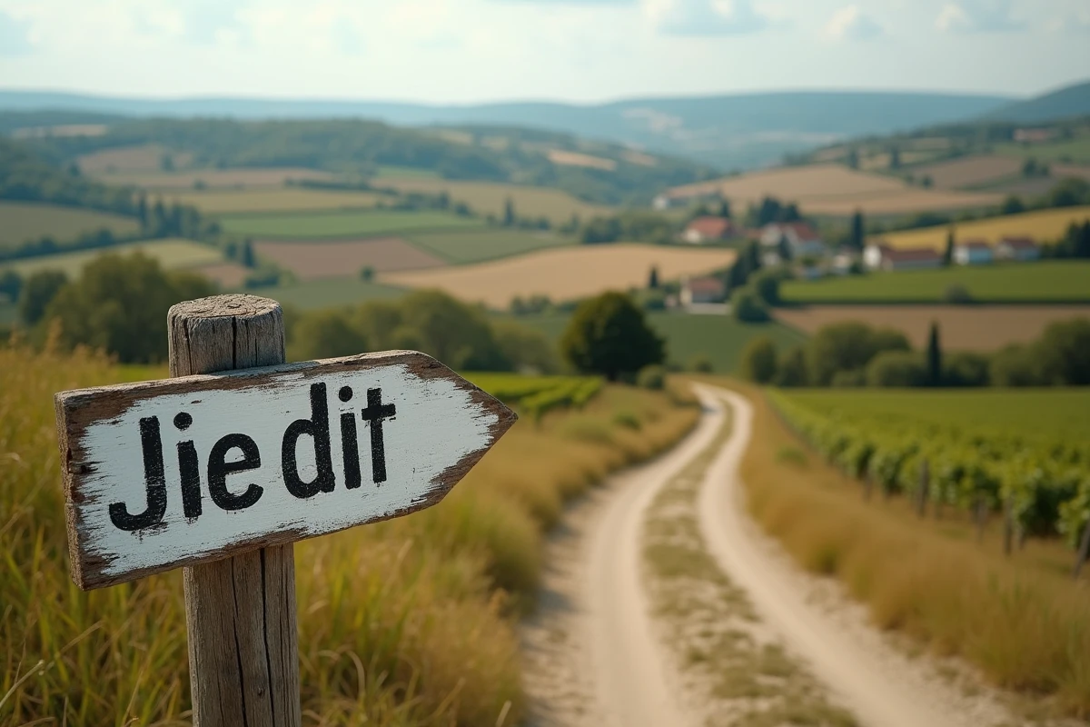 Panneau de lieu-dit en bois dans la campagne française avec vue panoramique sur des parcelles agricoles cadastrées délimitant le foncier rural