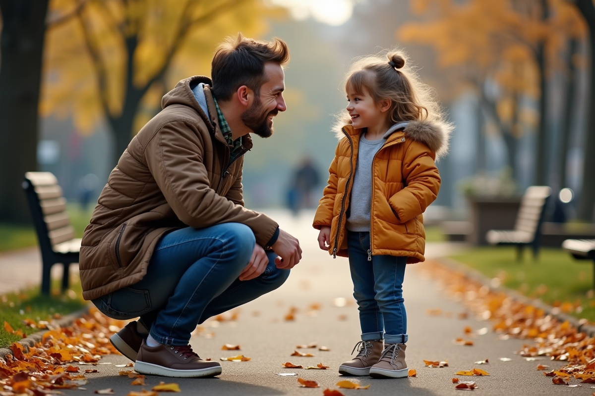 Père et fille jouent dans un parc urbain en automne