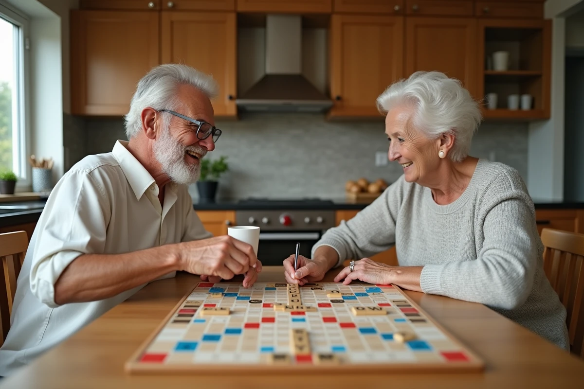 Deux adultes jouant une partie de Scrabble dans une cuisine, l'un plaçant un mot formé par anagramme sur le plateau