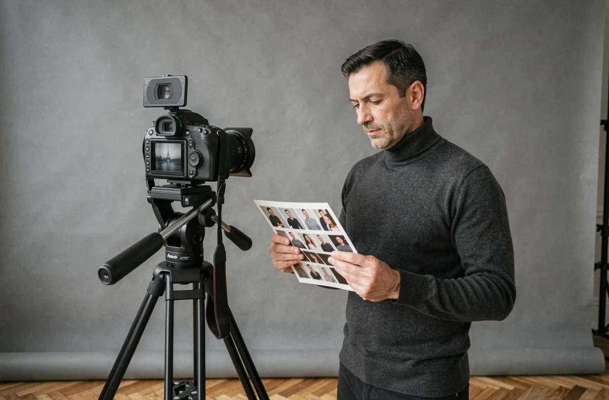 Pascal Vila, photographe portrait studio à Paris, observant une planche contact dans son studio professionnel