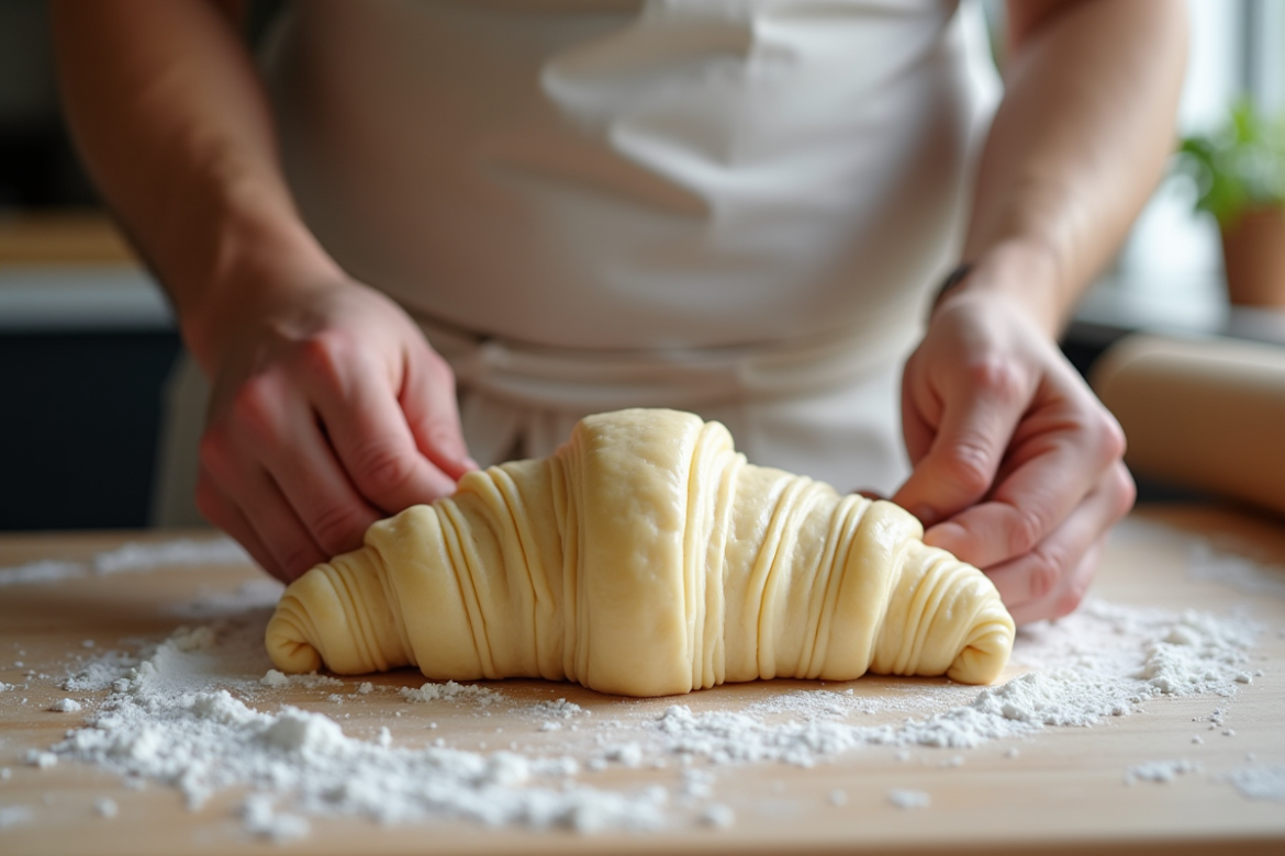 Mains de boulanger pliant la pate à croissant fraîche