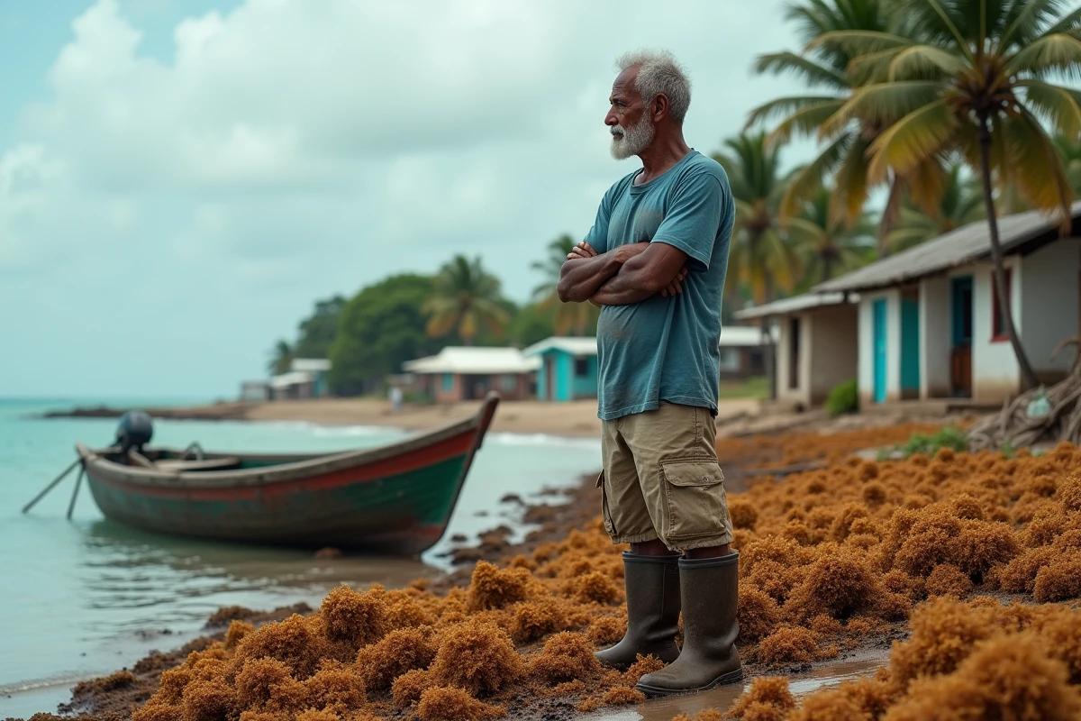 Pêcheur guadeloupéen contemplant l'invasion des algues sargasses près de son bateau échoué sur le rivage