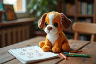 Peluche Tchoupie sur une table en bois rustique