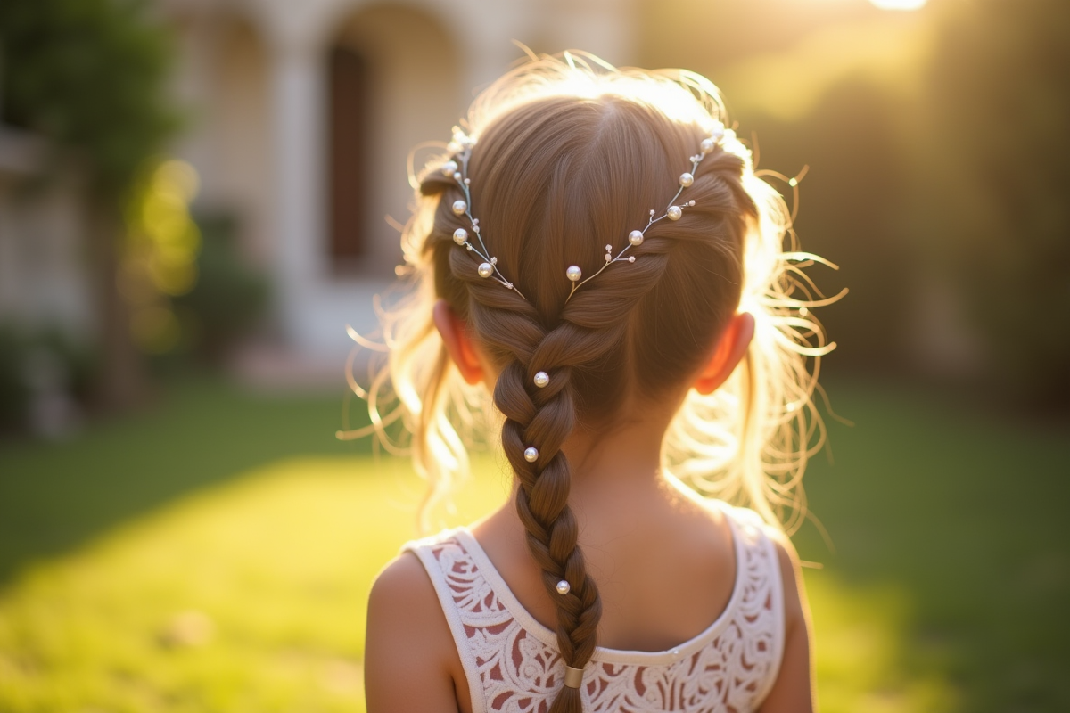 Petite fille avec tresse couronne et perles dans un jardin