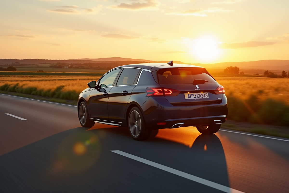Peugeot 308 GT en conduite sur route de campagne au coucher du soleil