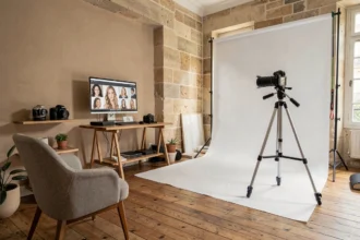Studio photo parisien avec équipement professionnel, toile de fond blanche et moniteur affichant des portraits