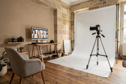 Studio photo parisien avec équipement professionnel, toile de fond blanche et moniteur affichant des portraits