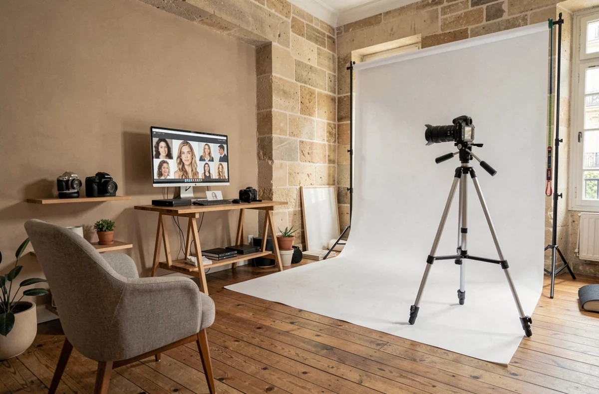 Studio photo parisien avec équipement professionnel, toile de fond blanche et moniteur affichant des portraits