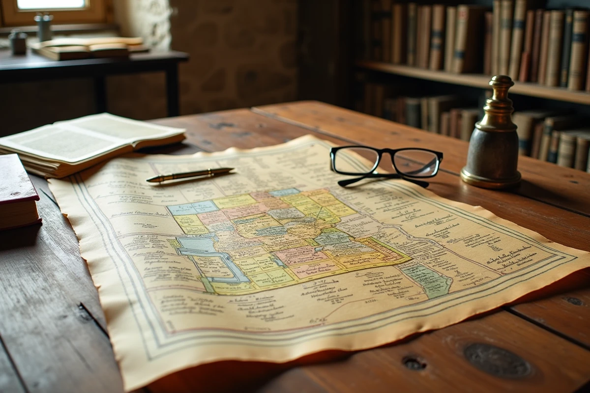 Plan cadastral rural détaillé sur une table de notaire avec indication des lieux-dits, outils de géomètre et documents fonciers anciens