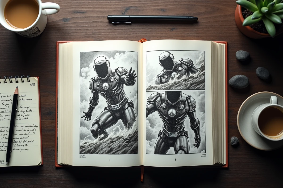 Vue aérienne d'un manhwa ouvert sur des planches de héros fantasy avec des notes de scénariste