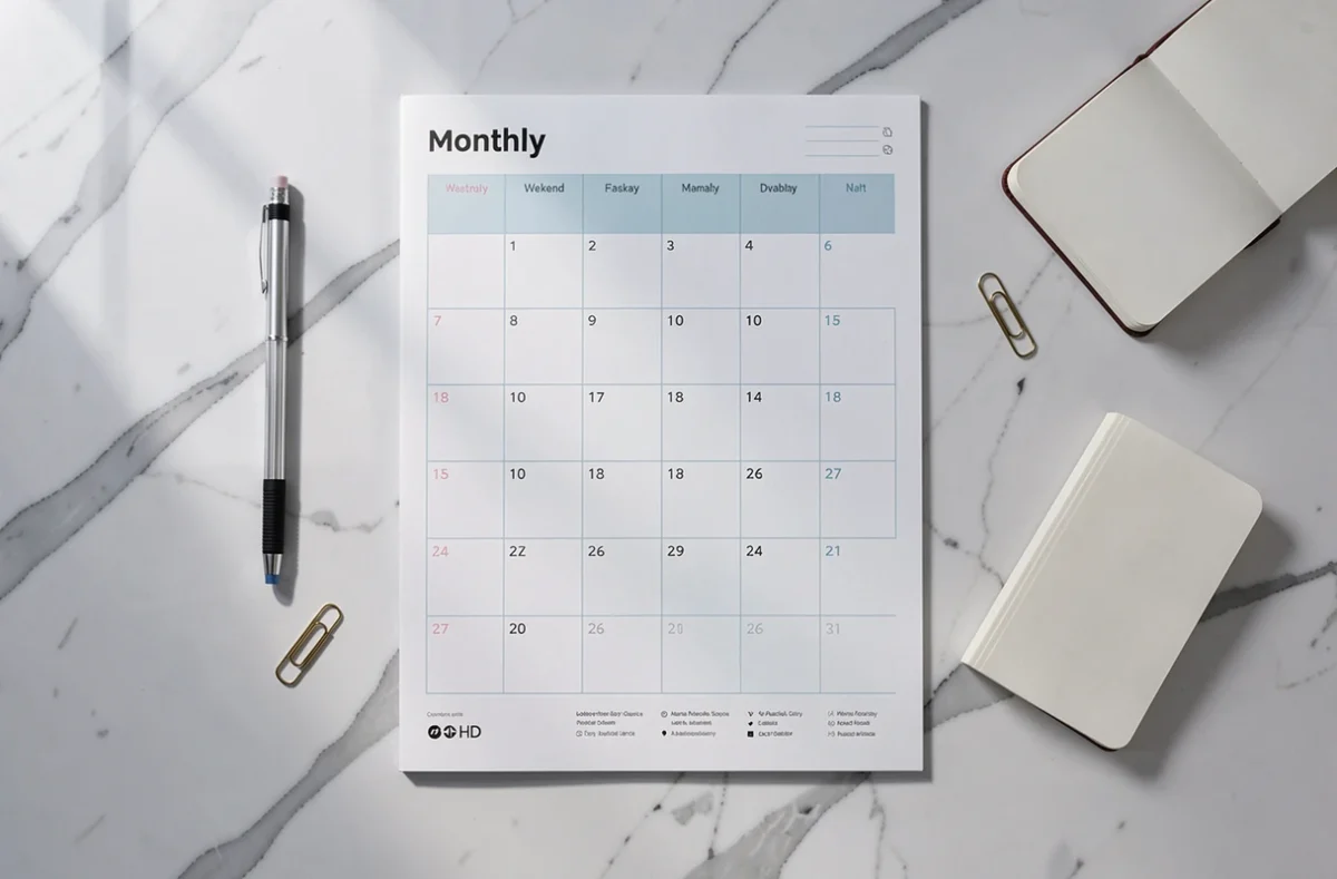Planning mensuel imprimé avec week-ends surlignés posé sur un bureau en marbre blanc en vue aérienne