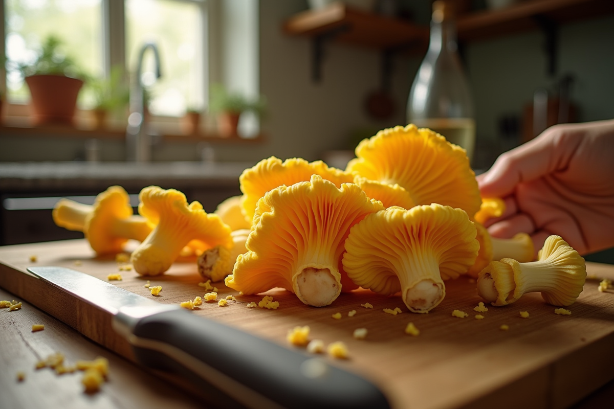 Préparation de girolles sur une table en bois rustique