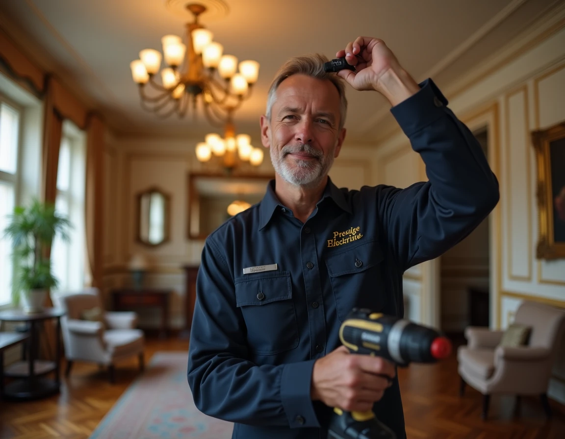 Électricien de Prestige Electricité installant un luminaire design dans un appartement de luxe