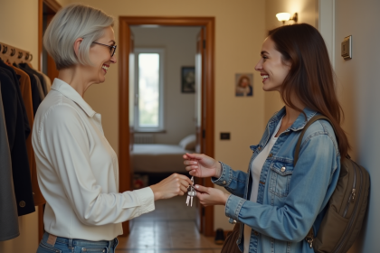 Femme donnant des clés à une jeune femme souriante à l'entrée