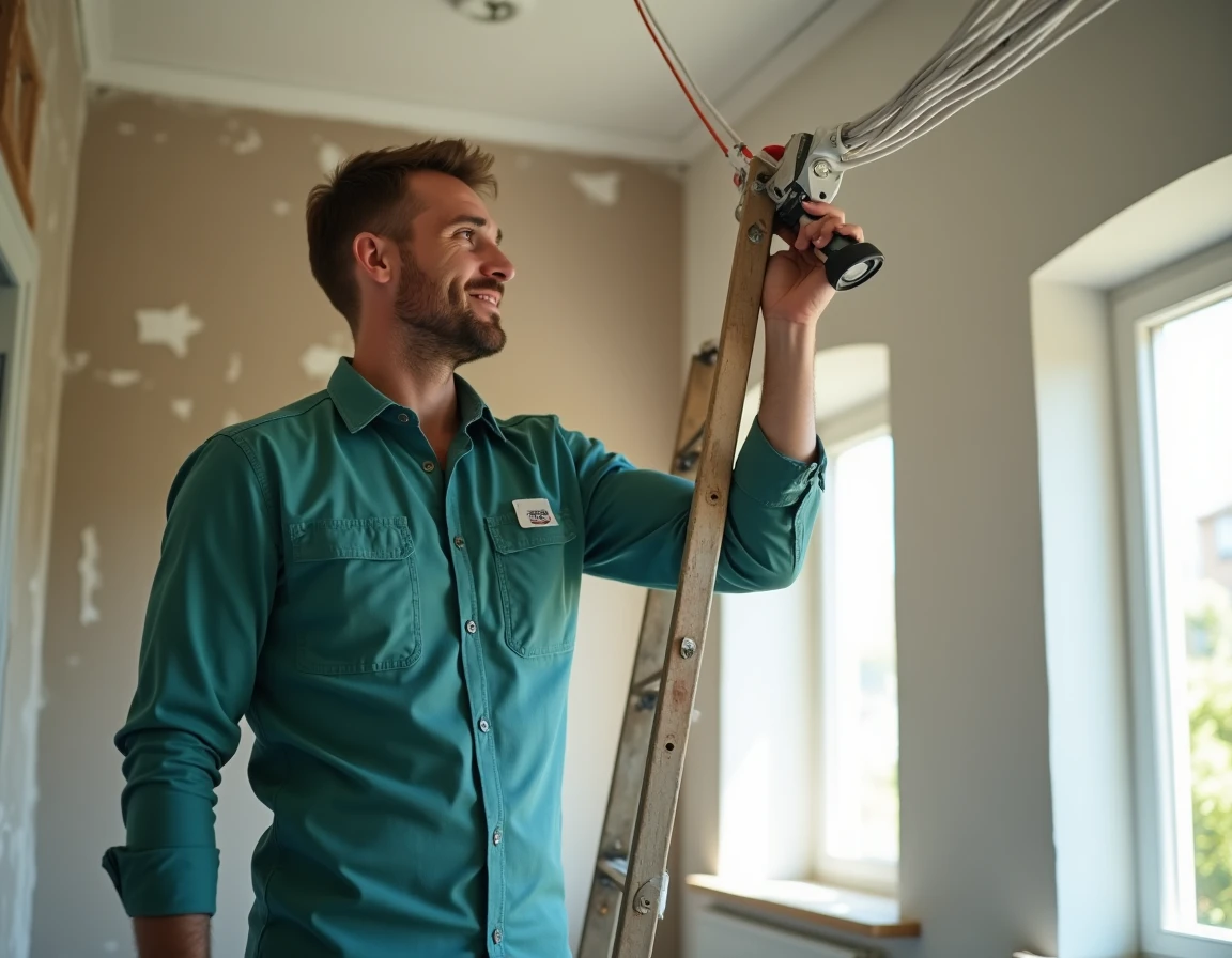 Électricien de Renouvbat tirant des câbles électriques au plafond d'un appartement en rénovation