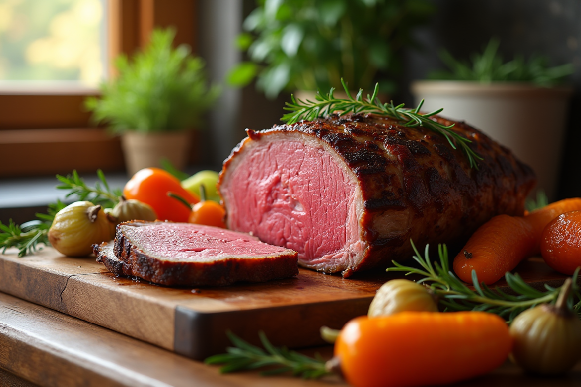 Rôti de boeuf parfaitement cuit sur une planche en bois avec légumes et herbes