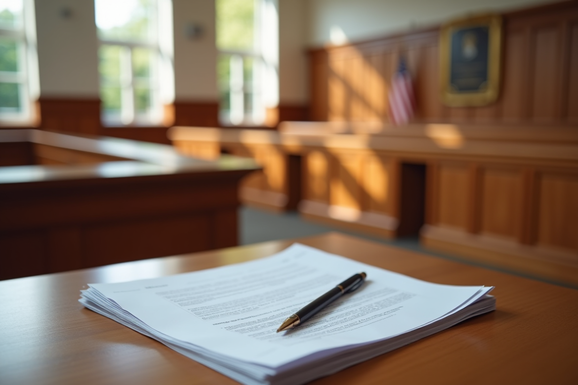 Salle de justice moderne avec bancs en bois et documents juridiques