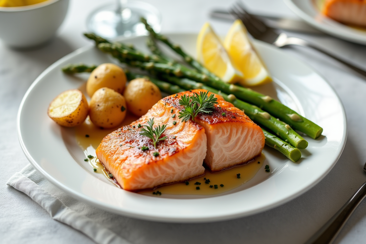 Filet de saumon avec citron et asperges vertes